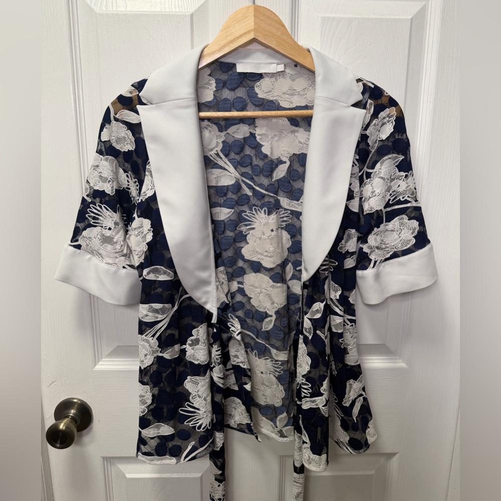 Anne Fontaine Christy Lace Blouse Navy Polka Dot Mesh Floral Shawl Collar L / 44 - Picture 2 of 16